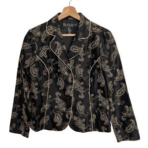 Vintage 90s Silkland Petite 100% Silk Paisley Blazer Jacket Black‎ Gold PM
